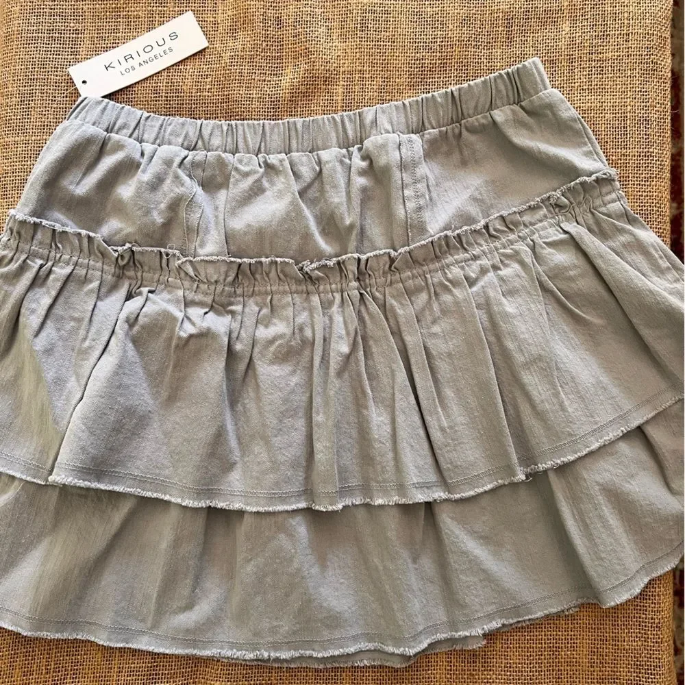 Denim Tiered Mini Skirt NWT w ruffled layers Chambray denim to light blue gray